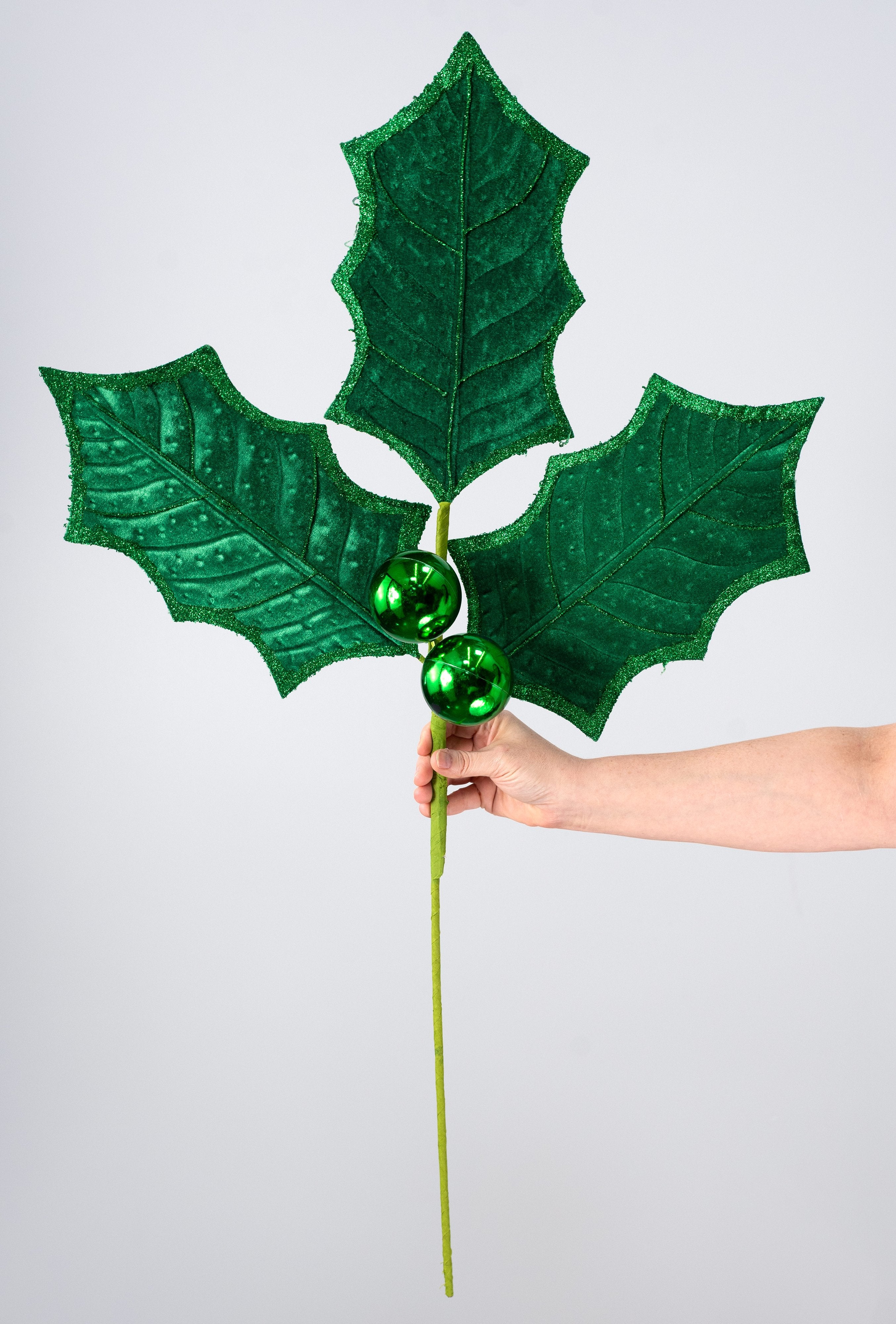 39" Jumbo Velvet Holly Leaves Spray: Green detail photo 4