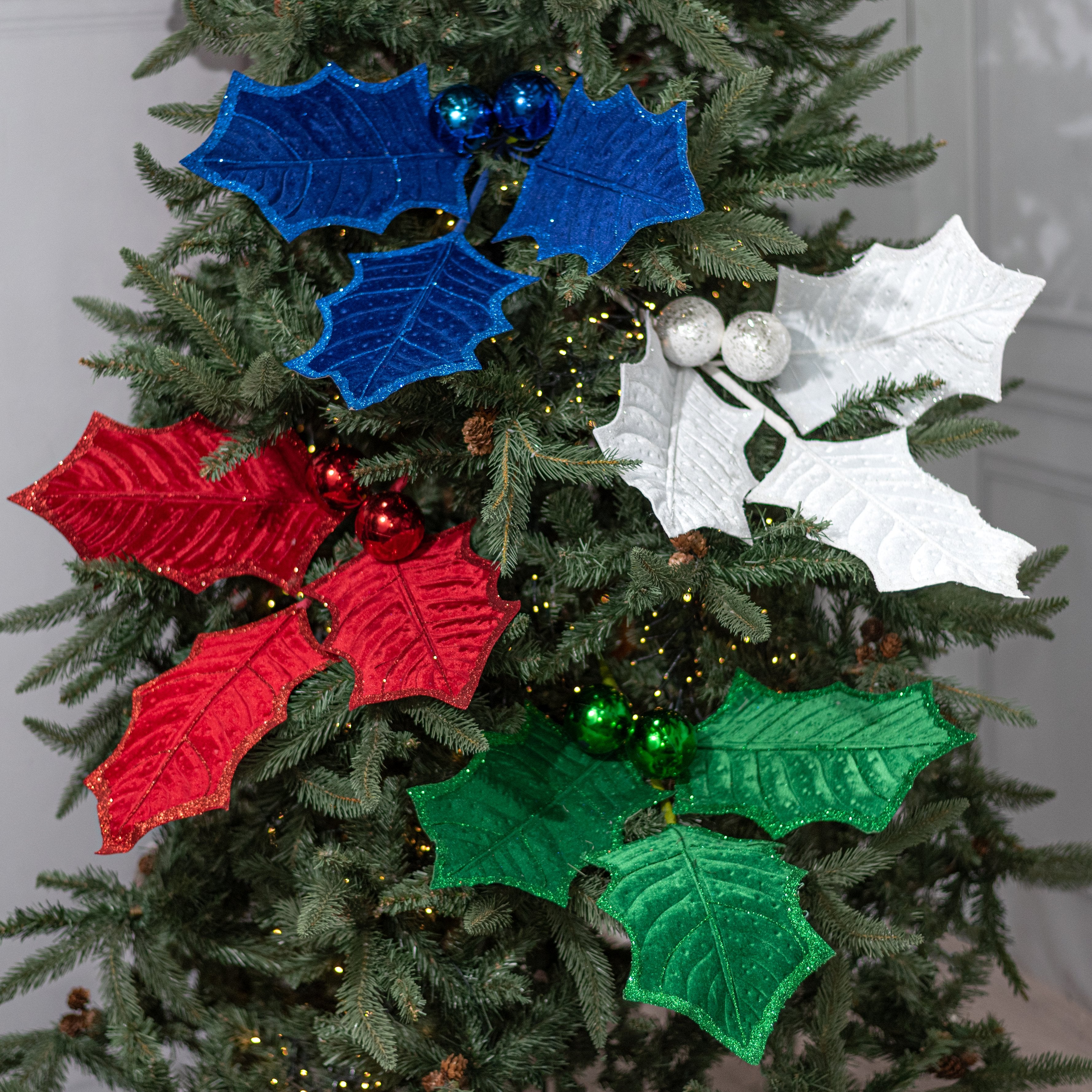 39" Jumbo Velvet Holly Leaves Spray: Royal Blue Lifestyle Photo