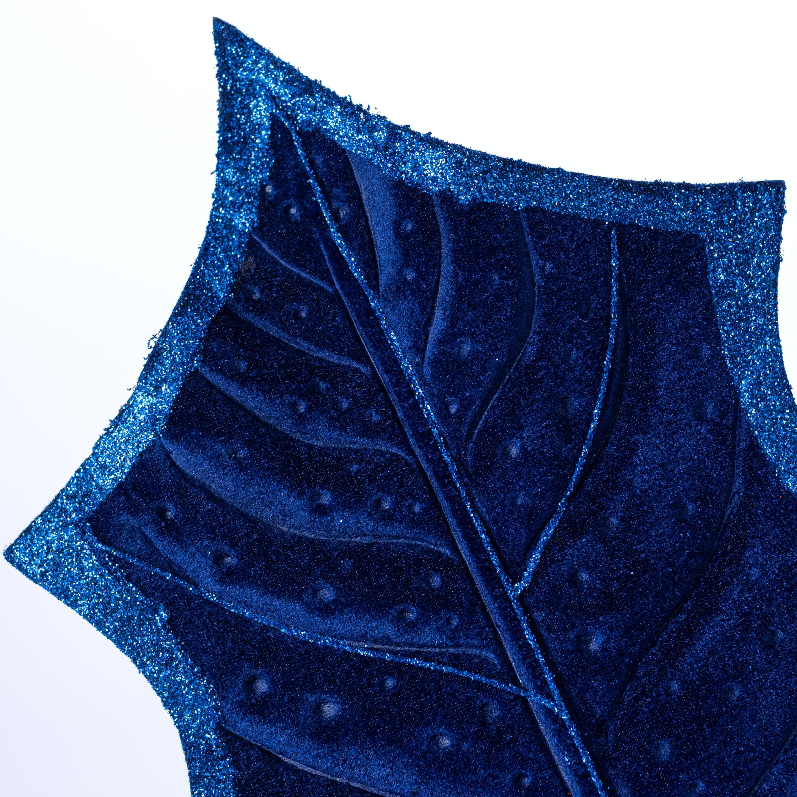 39" Jumbo Velvet Holly Leaves Spray: Royal Blue detail photo 3