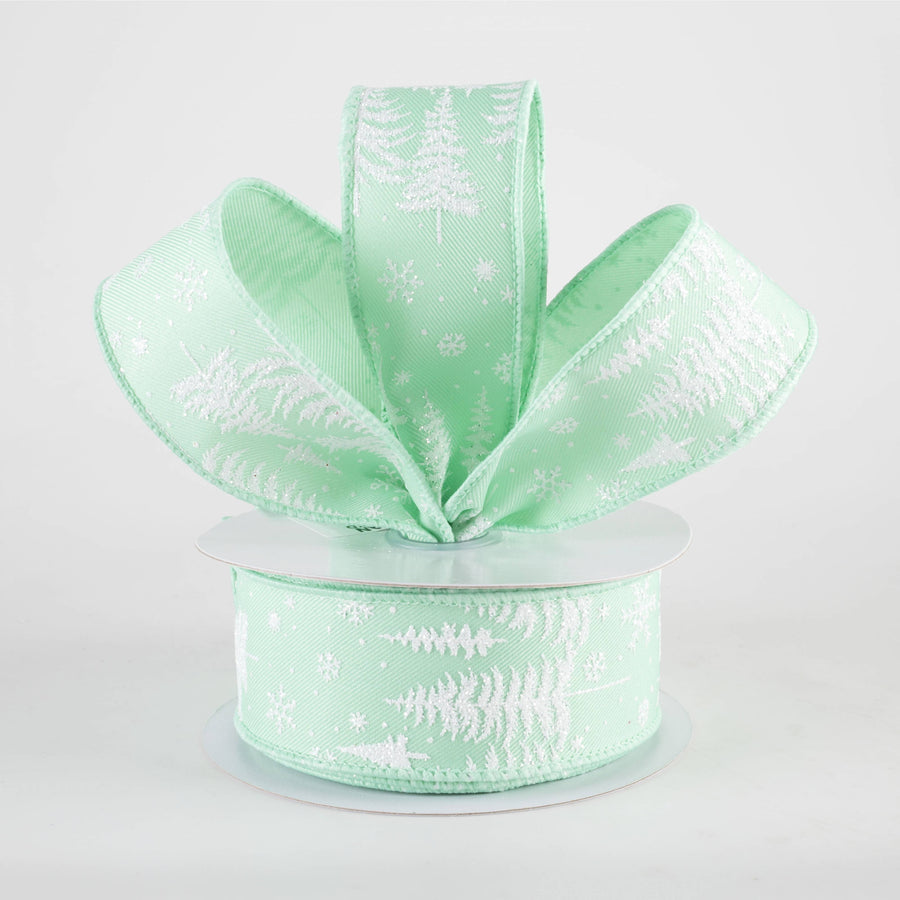 1.5" Pine Trees & Snowflakes Ribbon: Mint Green (10 Yards)