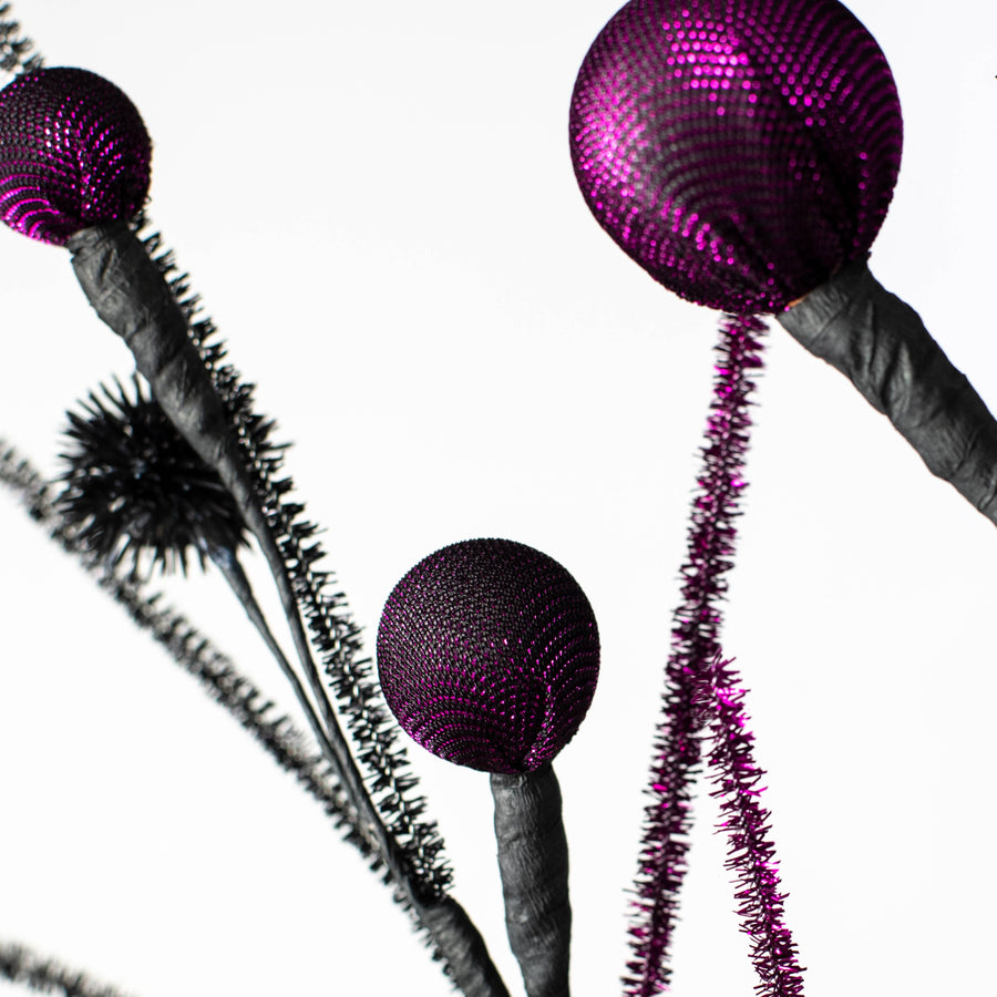 27" Metallic Fabric Ball & Thistle Spray: Purple & Black