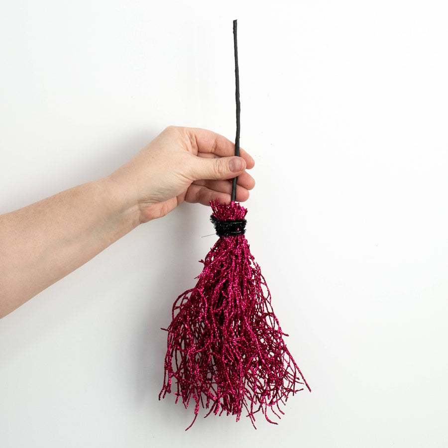 15" Glittered Angel Vine Witch Broom: Hot Pink