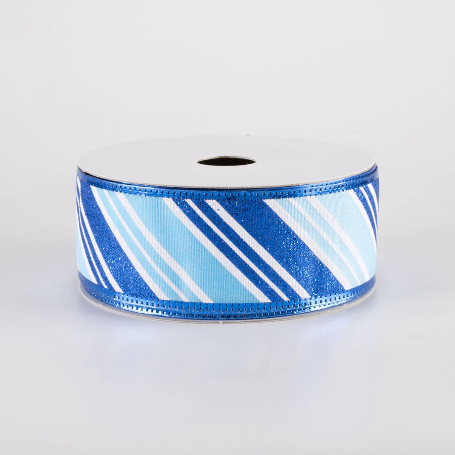 1.5" Glitter Candy Cane Stripe Ribbon: White & Blues (10 Yards)