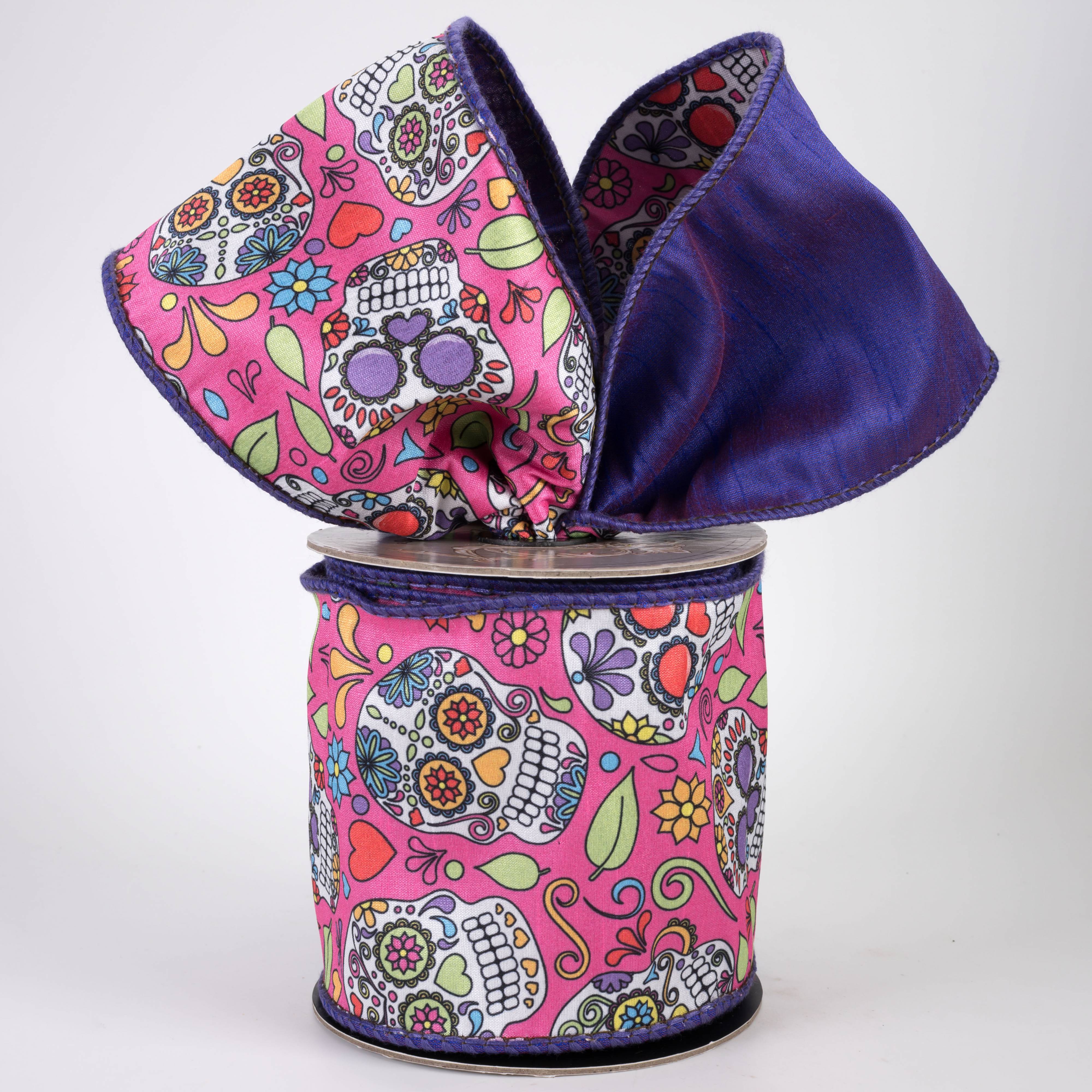 [D Stevens] 4" Faux Dupioni Sugar Skulls Ribbon: Hot Pink (10 Yards)