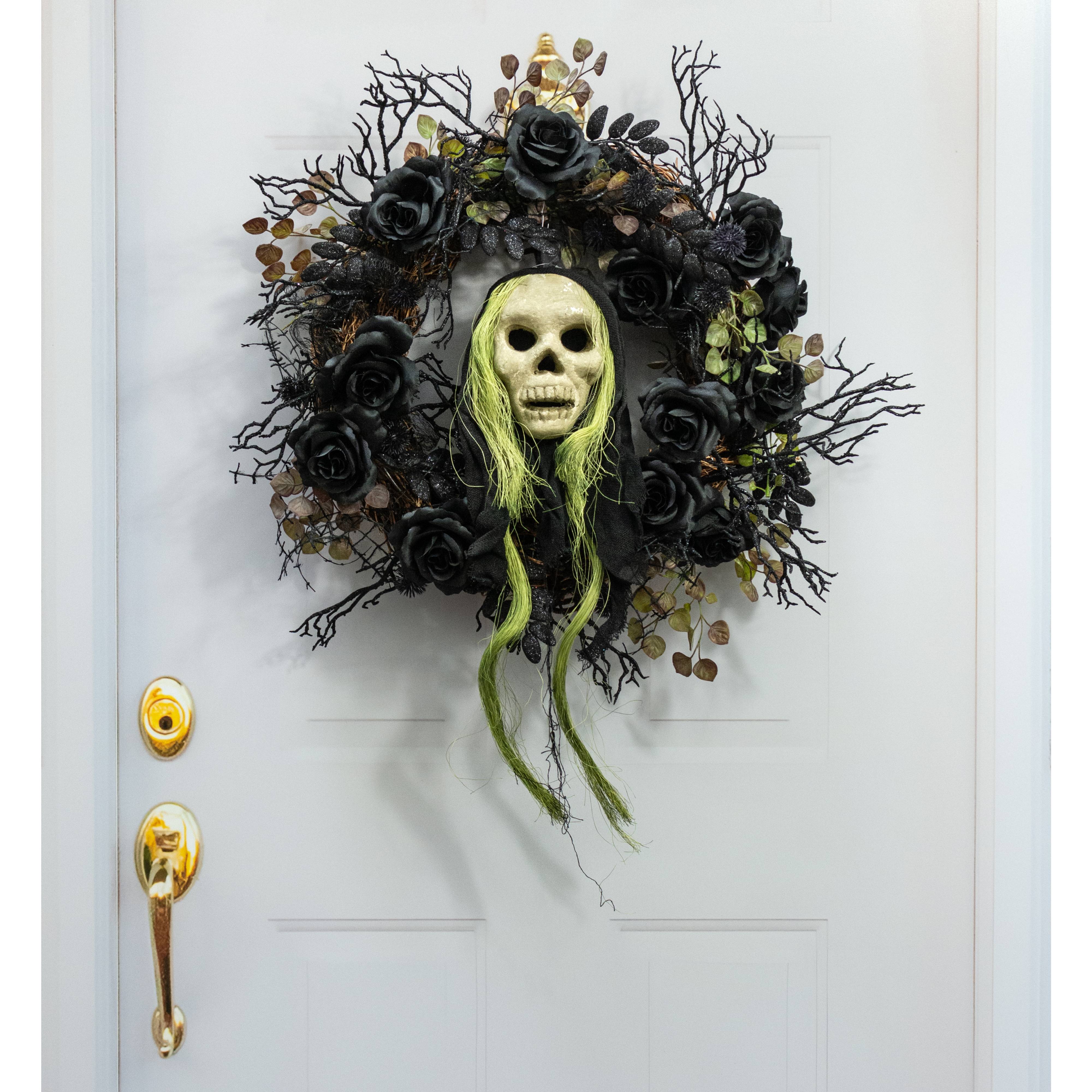 20" x 6" Styrofoam & Burlap Witch Skull: Green & Black