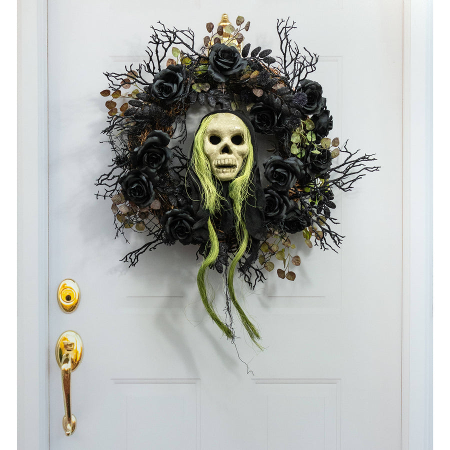 20" x 6" Styrofoam & Burlap Witch Skull: Green & Black