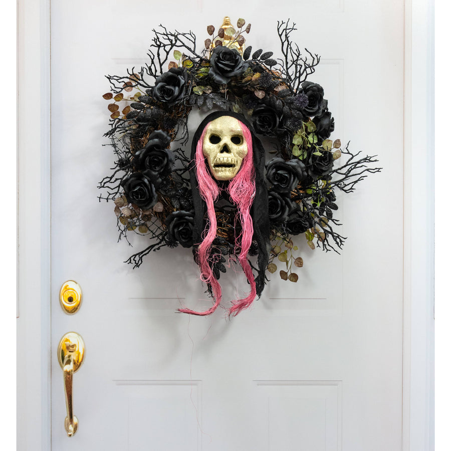 20" x 6" Styrofoam & Burlap Witch Skull: Pink & Black