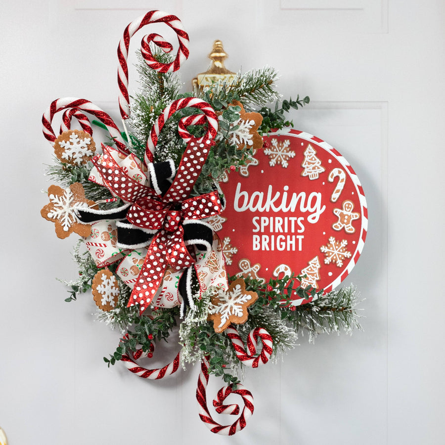 12" Metal Glittered Sign: Red Christmas Baking Spirits Bright