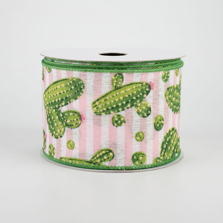 2.5" Cactus Stripe Ribbon: Pink & White (10 Yards)
