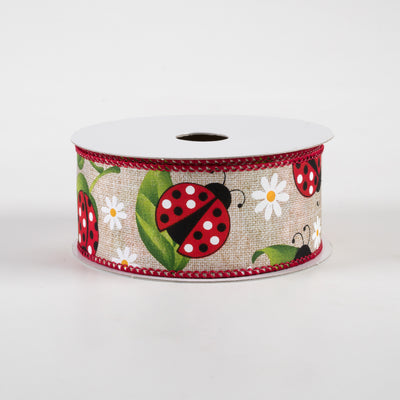 1.5" Ladybug Daisy Print Linen Ribbon: Natural (10 Yards)