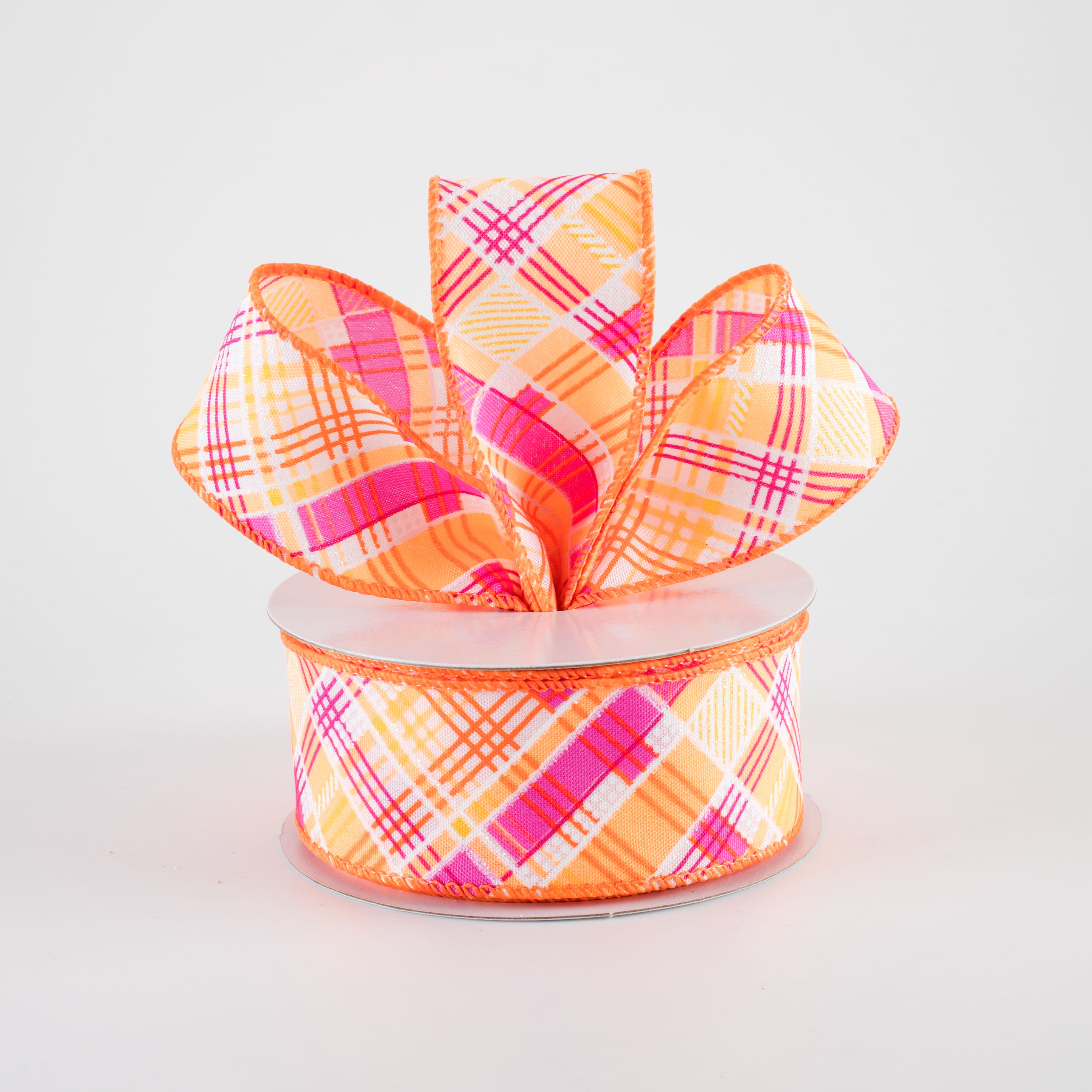 1.5" Printed Cabot Diagonal Plaid Ribbon: Neon Orange, Fuchsia & White (10 Yards)