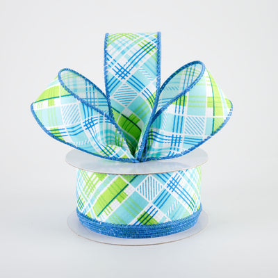 1.5" Printed Cabot Diagonal Plaid Ribbon: Aqua, Lime, Turquoise & White (10 Yards)