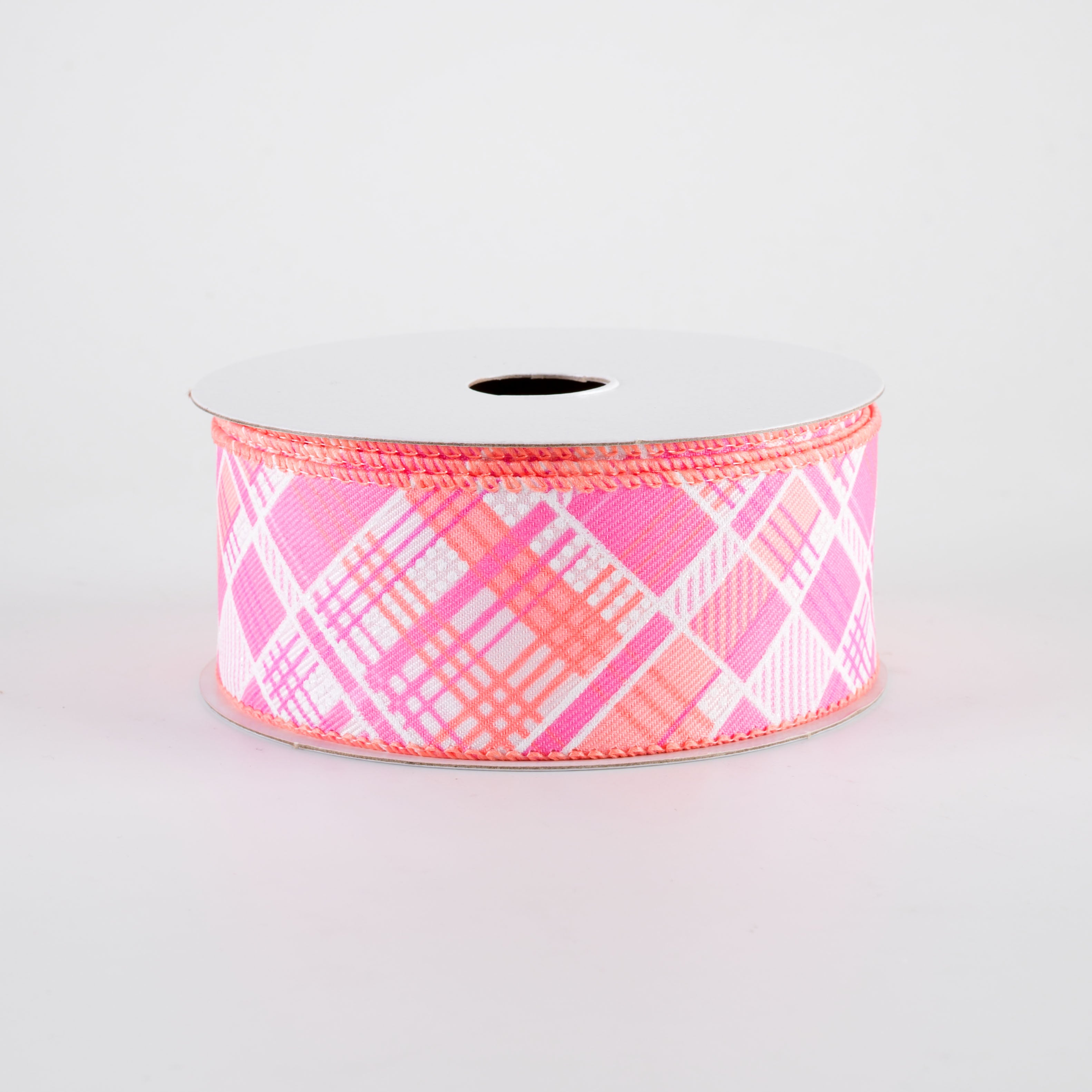 1.5" Printed Cabot Diagonal Plaid Ribbon: Peach, Orange, Pink & White (10 Yards)
