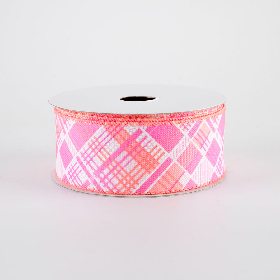 1.5" Printed Cabot Diagonal Plaid Ribbon: Peach, Orange, Pink & White (10 Yards)