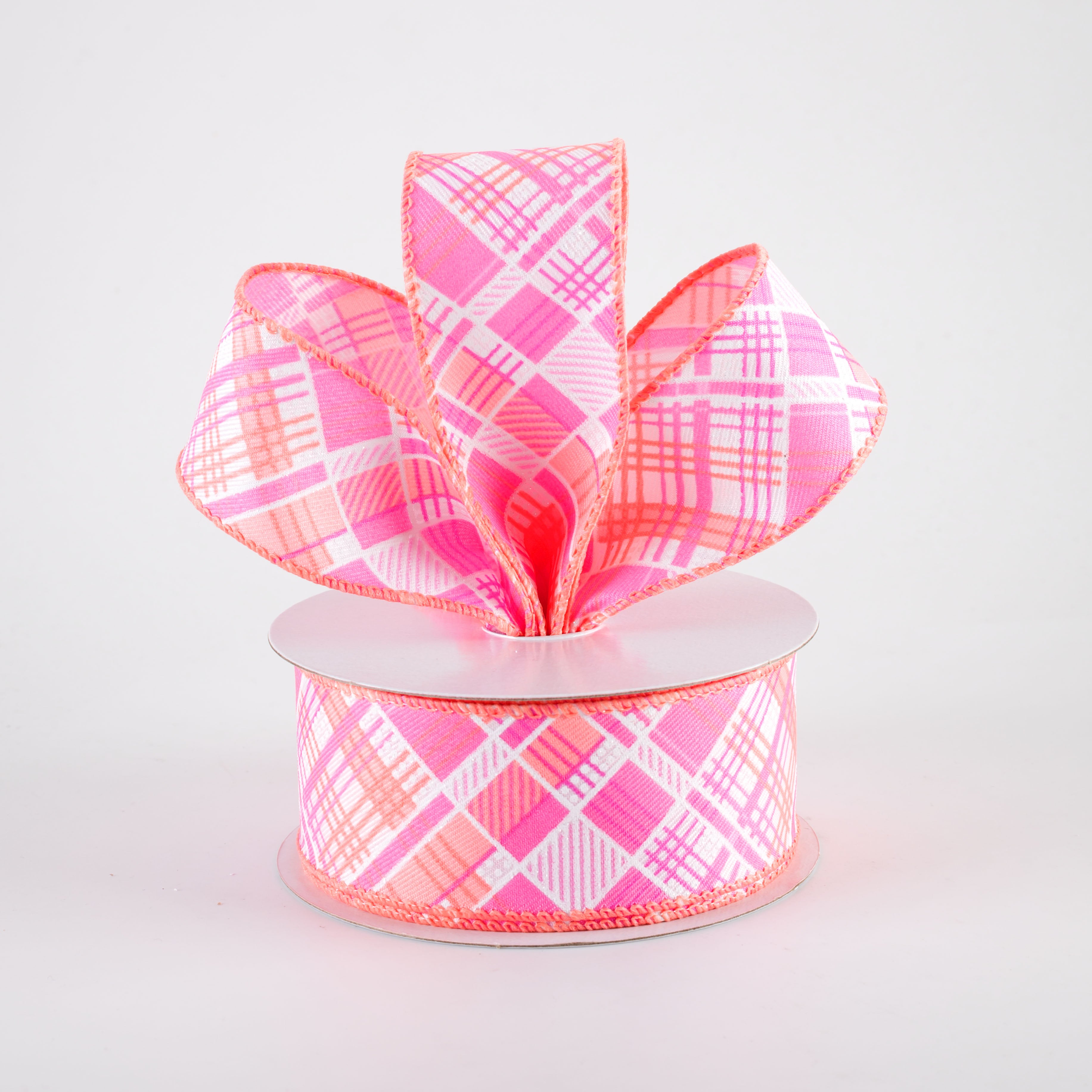 1.5" Printed Cabot Diagonal Plaid Ribbon: Peach, Orange, Pink & White (10 Yards)