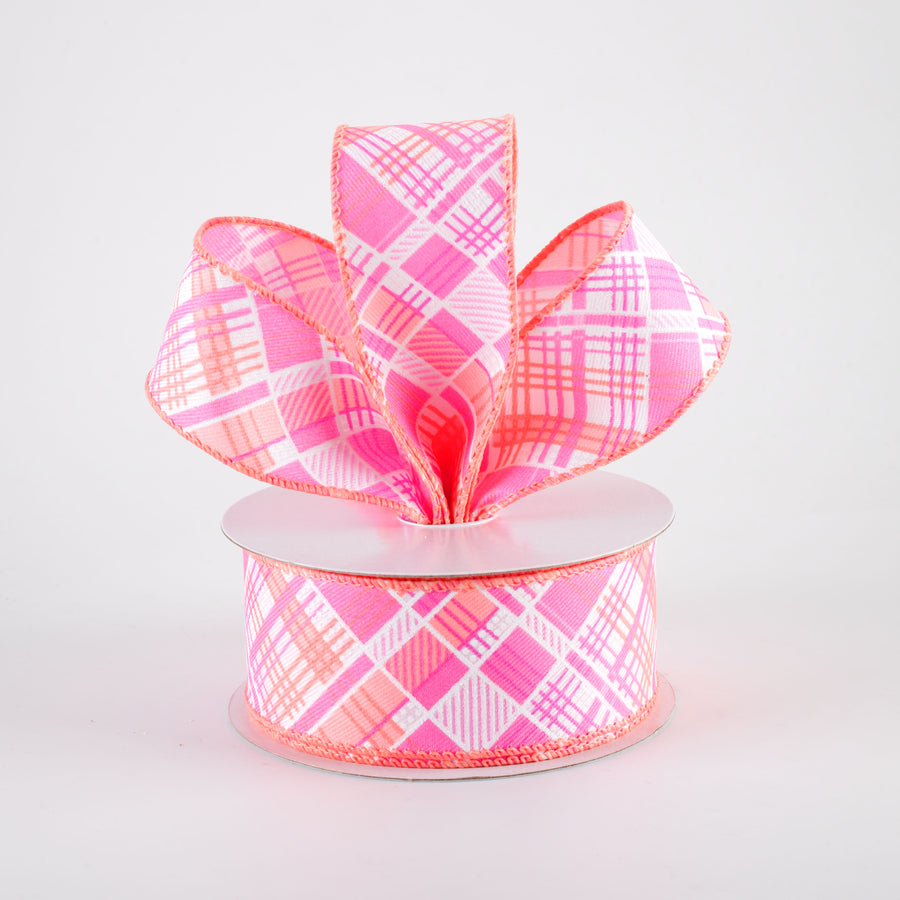 1.5" Printed Cabot Diagonal Plaid Ribbon: Peach, Orange, Pink & White (10 Yards)