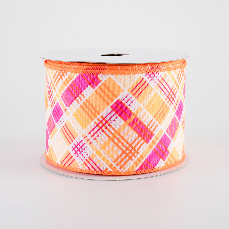 2.5" Printed Cabot Diagonal Plaid Ribbon: Neon Orange, Fuchsia & White (10 Yards)