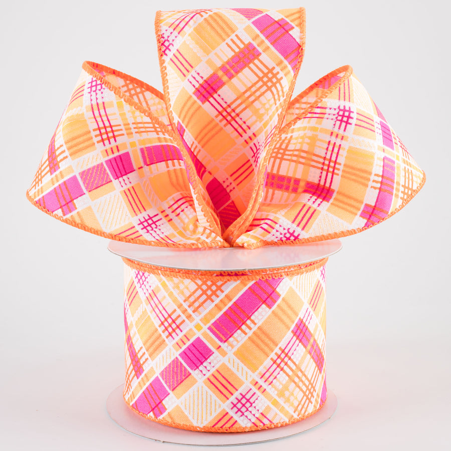 2.5" Printed Cabot Diagonal Plaid Ribbon: Neon Orange, Fuchsia & White (10 Yards)