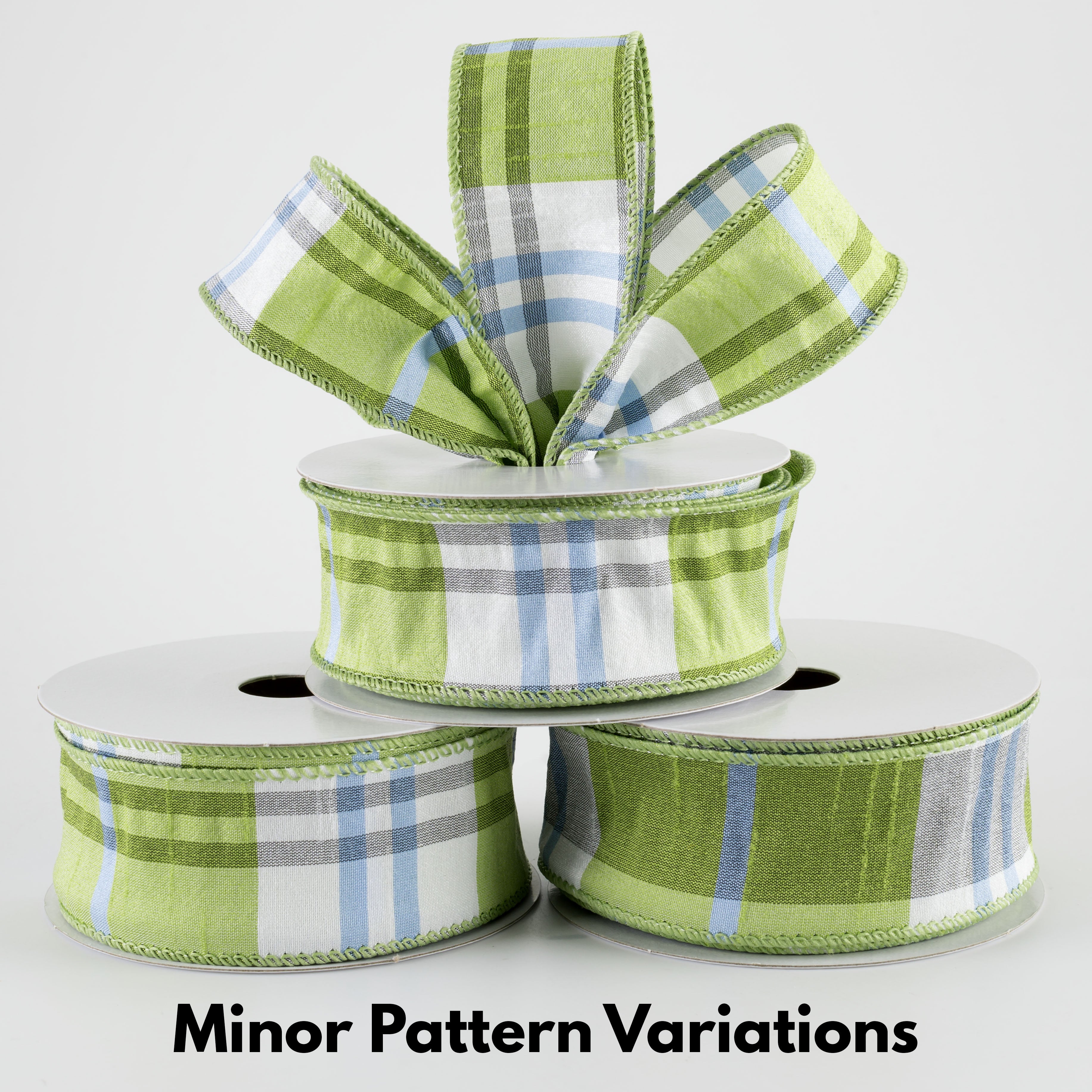 1.5" Faux Dupioni Plaid Ribbon: Kiwi Green, Iris Blue & White (10 Yards)