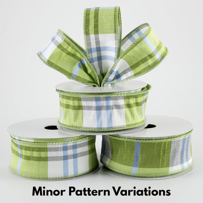 1.5" Faux Dupioni Plaid Ribbon: Kiwi Green, Iris Blue & White (10 Yards)