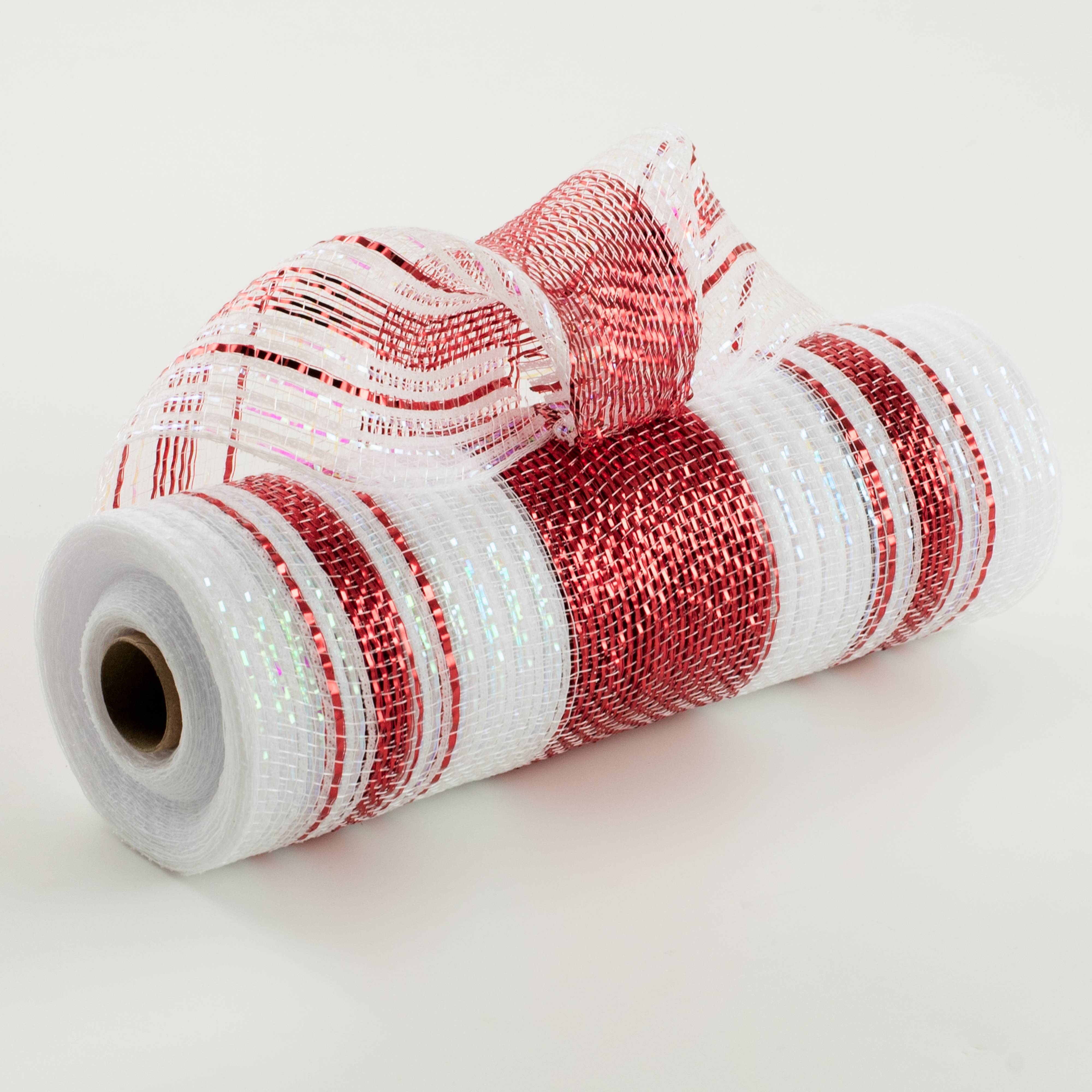 10" Metallic & Iridescent Peppermint Stripe Mesh: Red & White