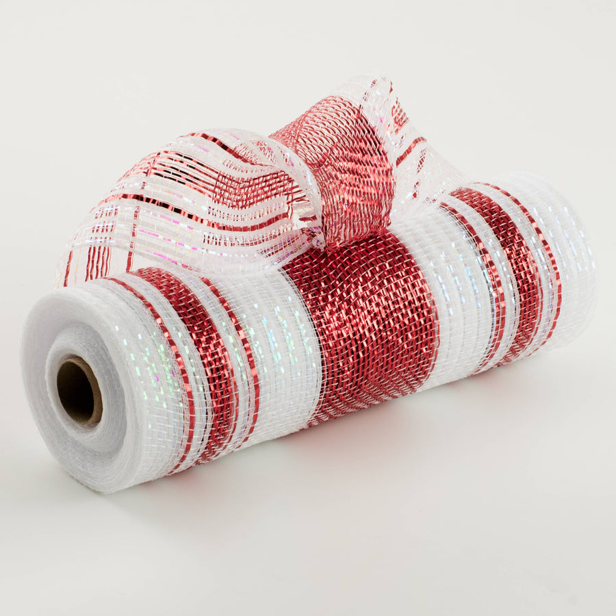 10" Metallic & Iridescent Peppermint Stripe Mesh: Red & White
