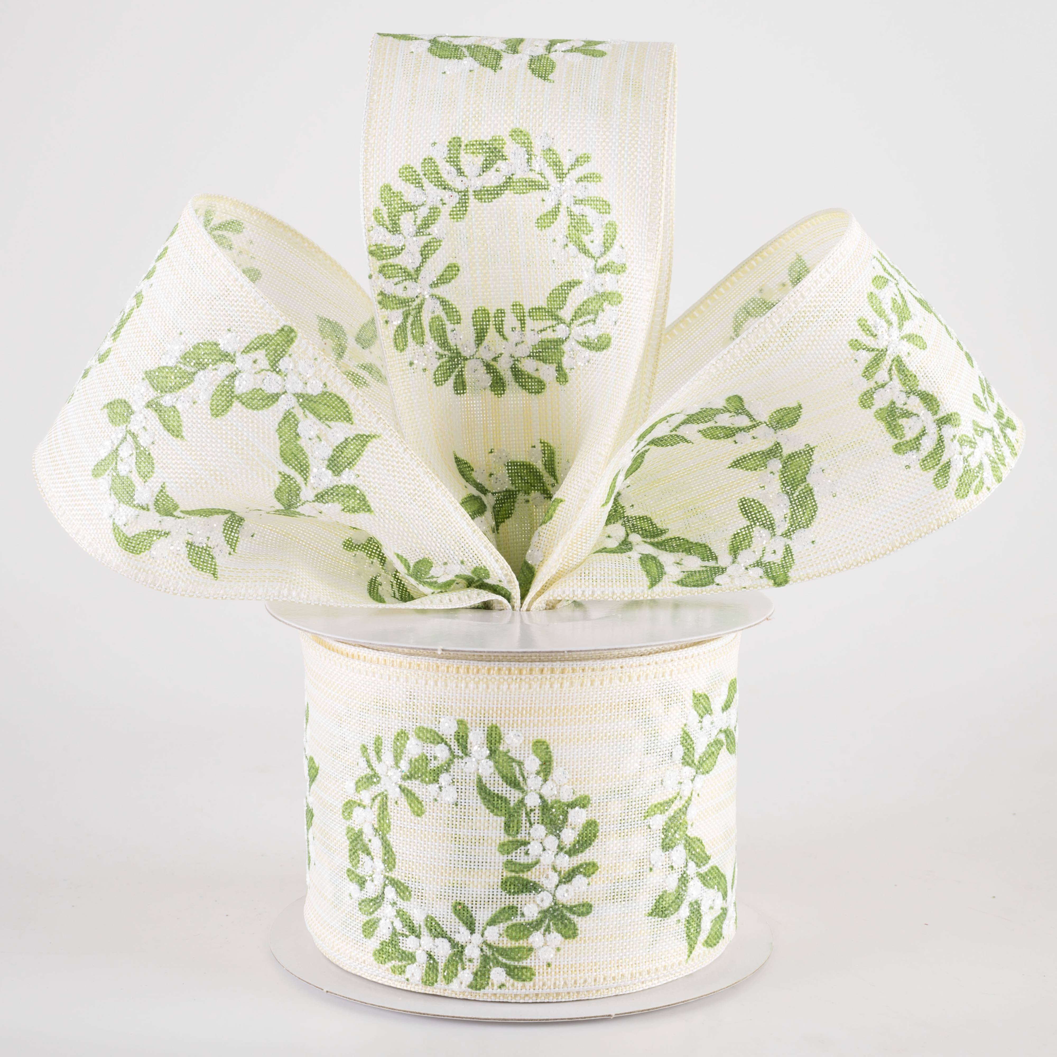 2.5" Linen White Berry Wreath Ribbon: Moss on Ivory (10 Yards)