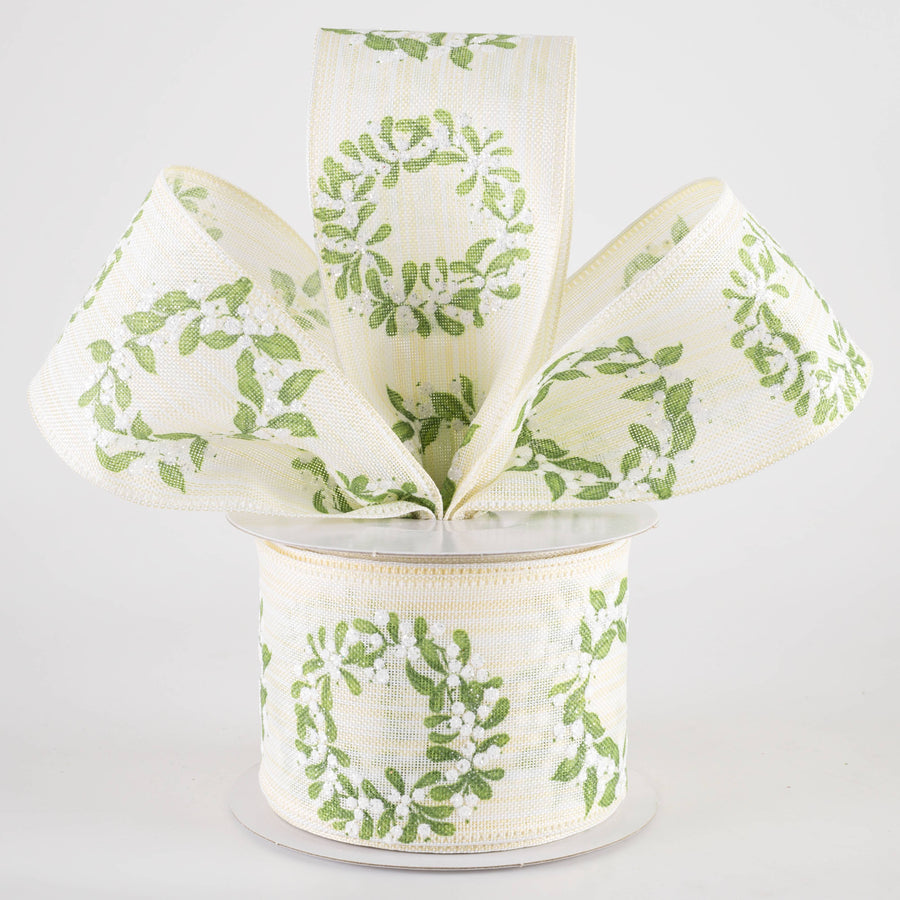 2.5" Linen White Berry Wreath Ribbon: Moss on Ivory (10 Yards)