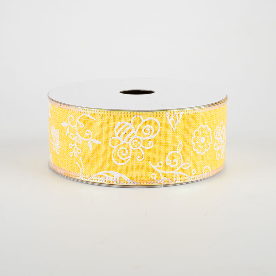 1.5" Iridescent Flowers & Bugs Linen Ribbon: Yellow (10 Yards)