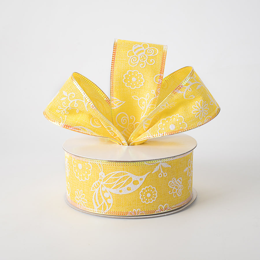 1.5" Iridescent Flowers & Bugs Linen Ribbon: Yellow (10 Yards)