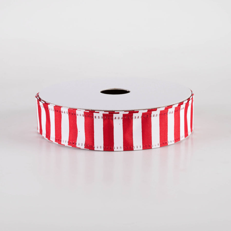 7/8" Stripes Ribbon: White on Red (10 Yards)
