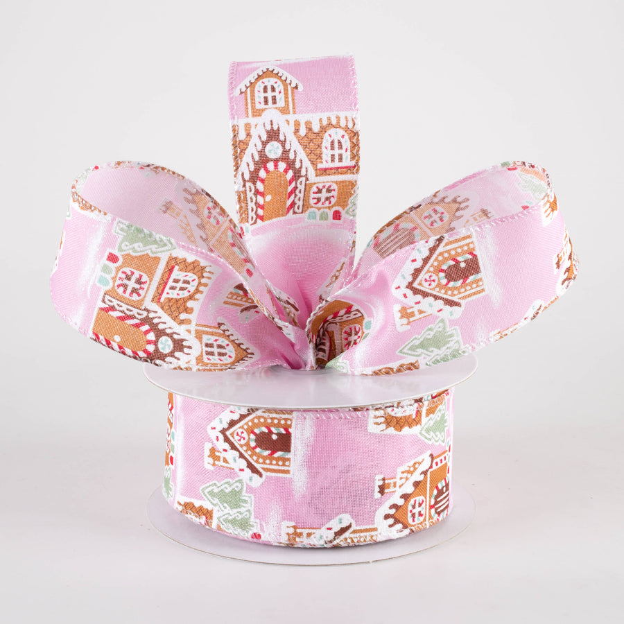 1.5" Gingerbread Mansion House Ribbon: Pink (10 Yards)
