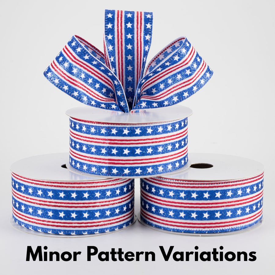 1.5" Royal Stars & Red Stripes Ribbon: White (10 Yards)