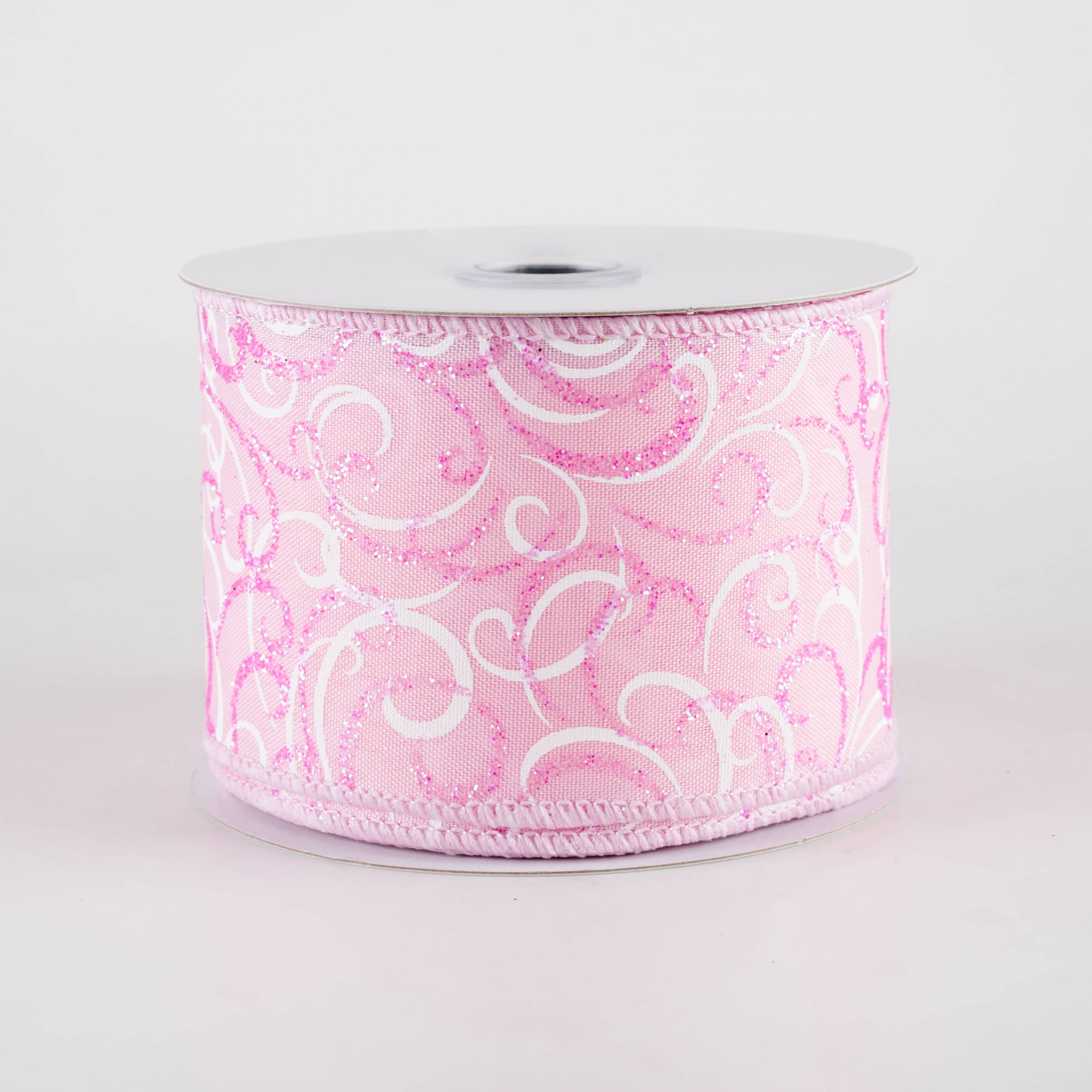 2.5" Glittered Multi Swirls Ribbon: Iridescent Pink & White on Pink (10 Yards)