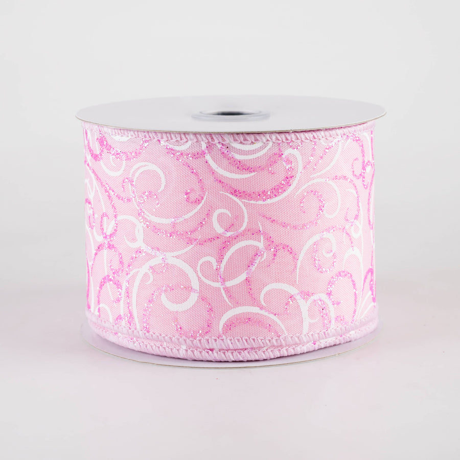 2.5" Glittered Multi Swirls Ribbon: Iridescent Pink & White on Pink (10 Yards)