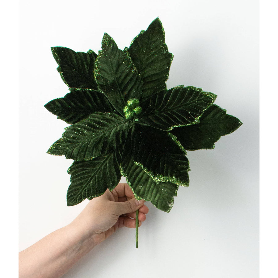 14" x 16" Velvet Poinsettia Stem: Hunter Green