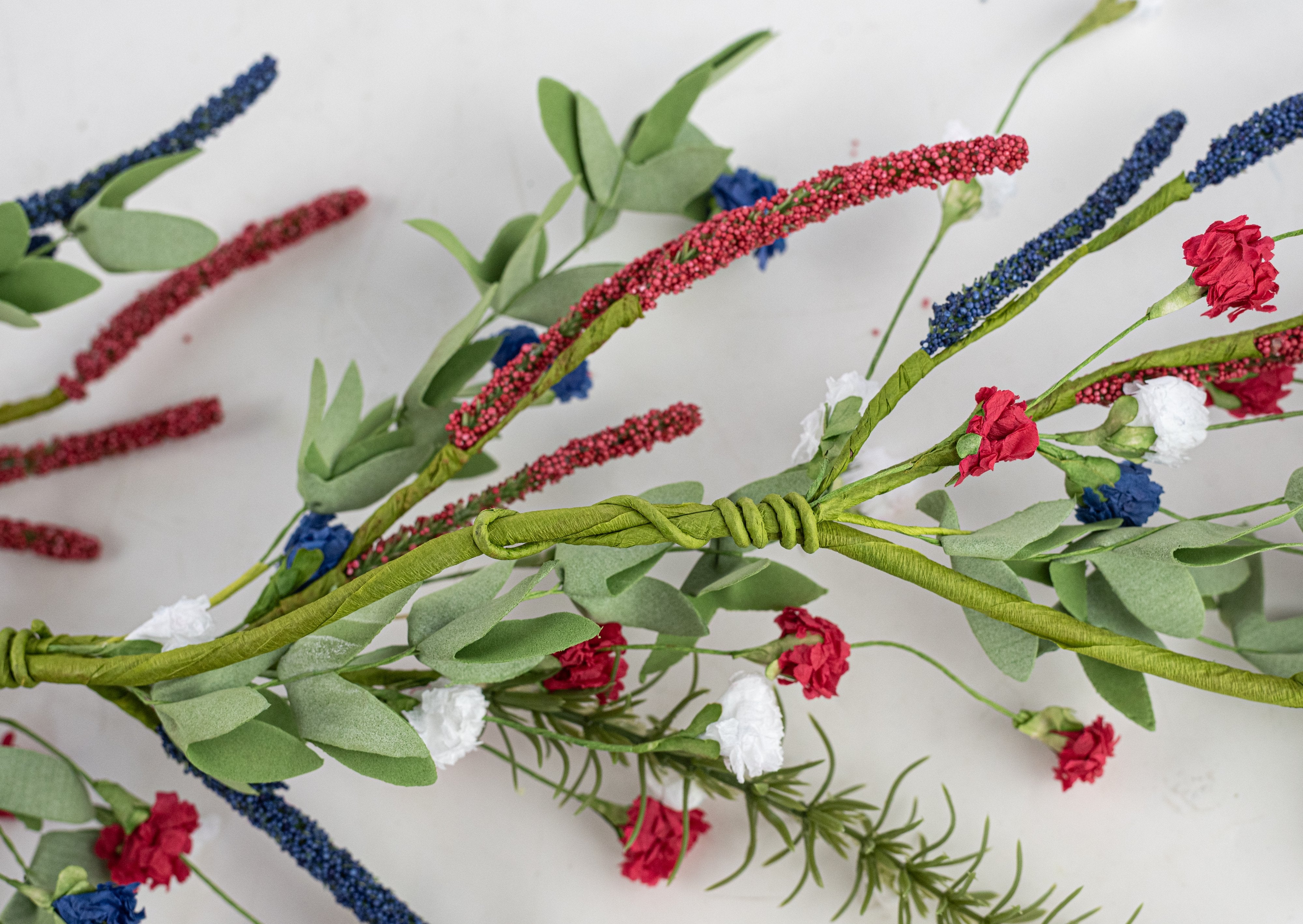 48" Paper Carnation Blossom with Heather Garland: Red, White & Blue detail photo 5