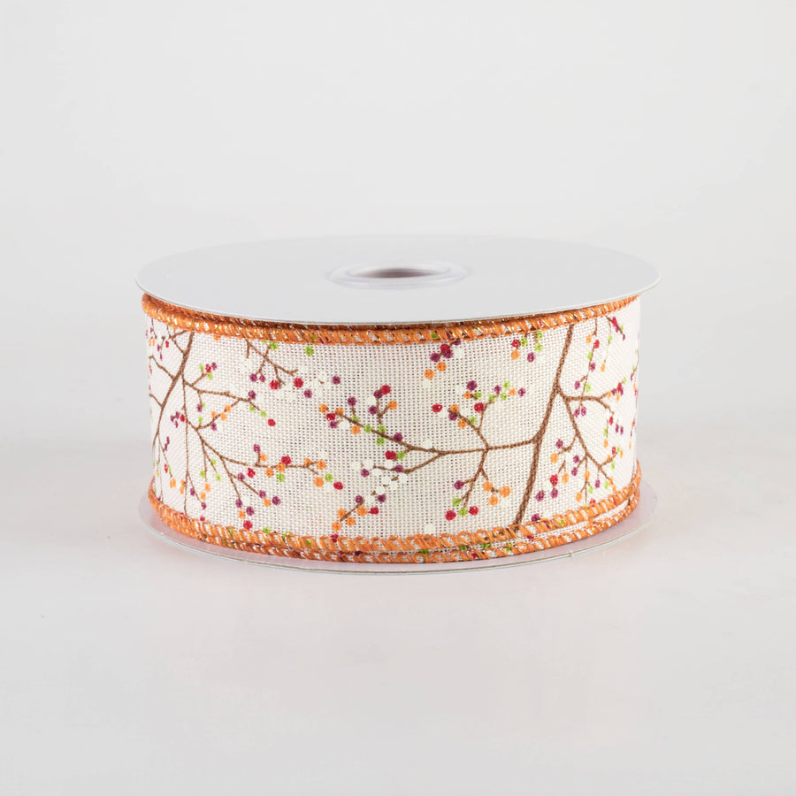 1.5" Mini Berry Branch Ribbon: Warm Fall on Cream (10 Yards)