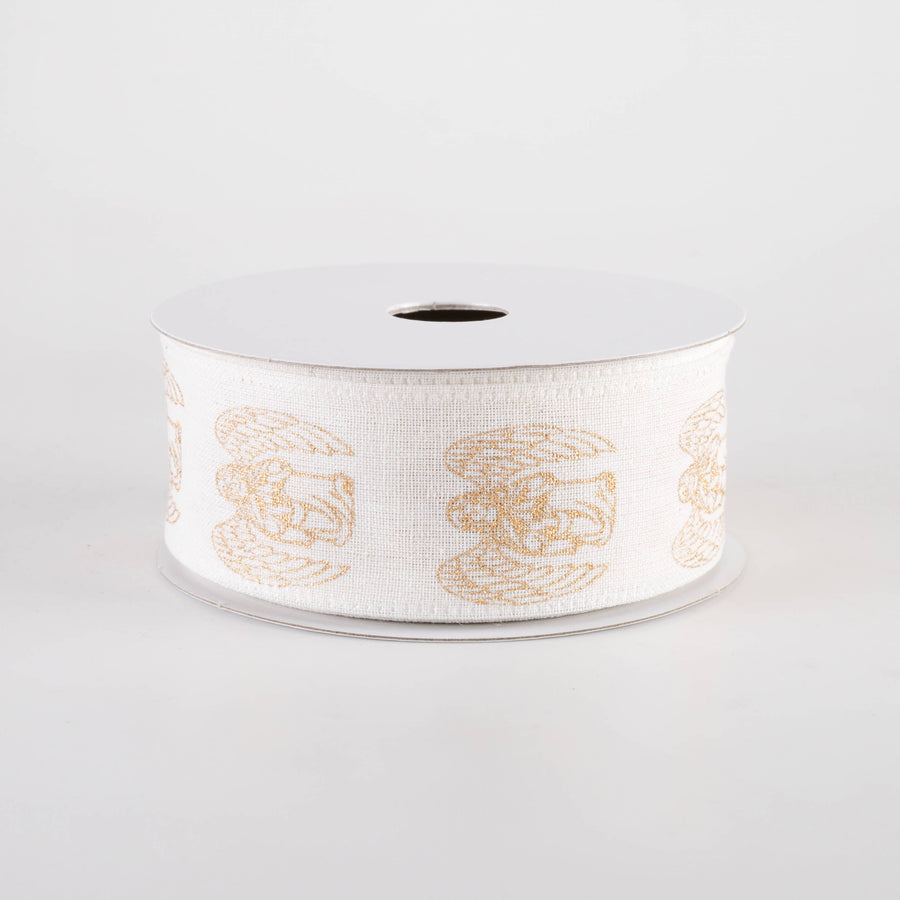 1.5" Linen Winged Angels Ribbon: Gold on Ivory (10 Yards)