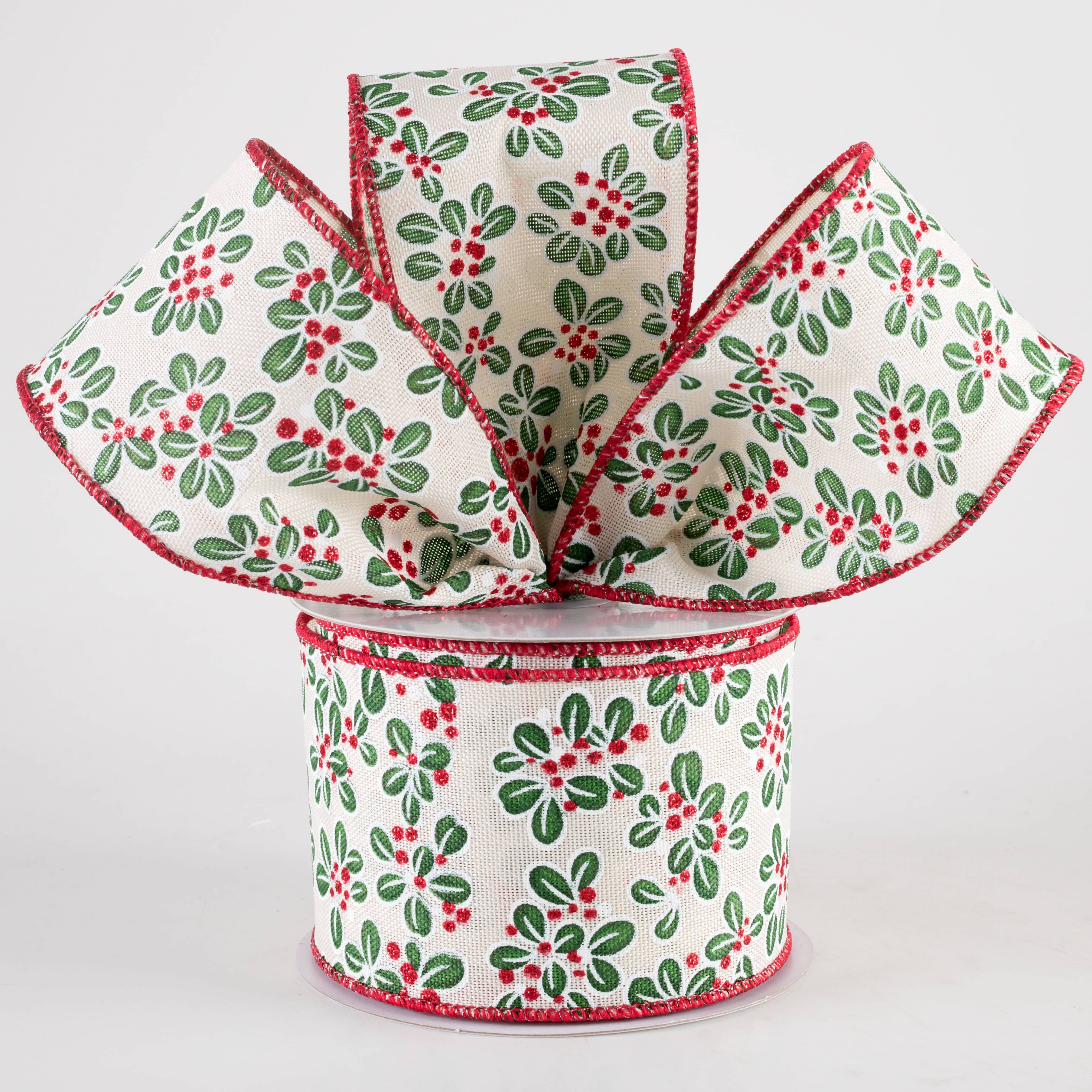 2.5" Mini Leaves & Berries Ribbon: White, Red & Green (10 Yards)