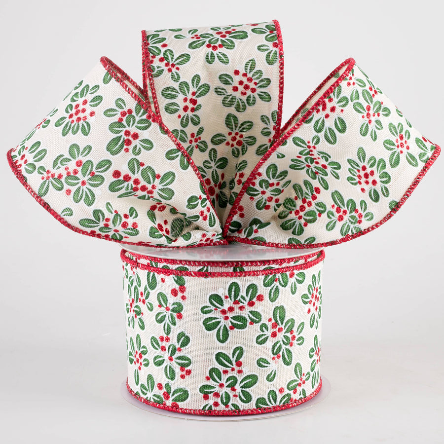 2.5" Mini Leaves & Berries Ribbon: White, Red & Green (10 Yards)