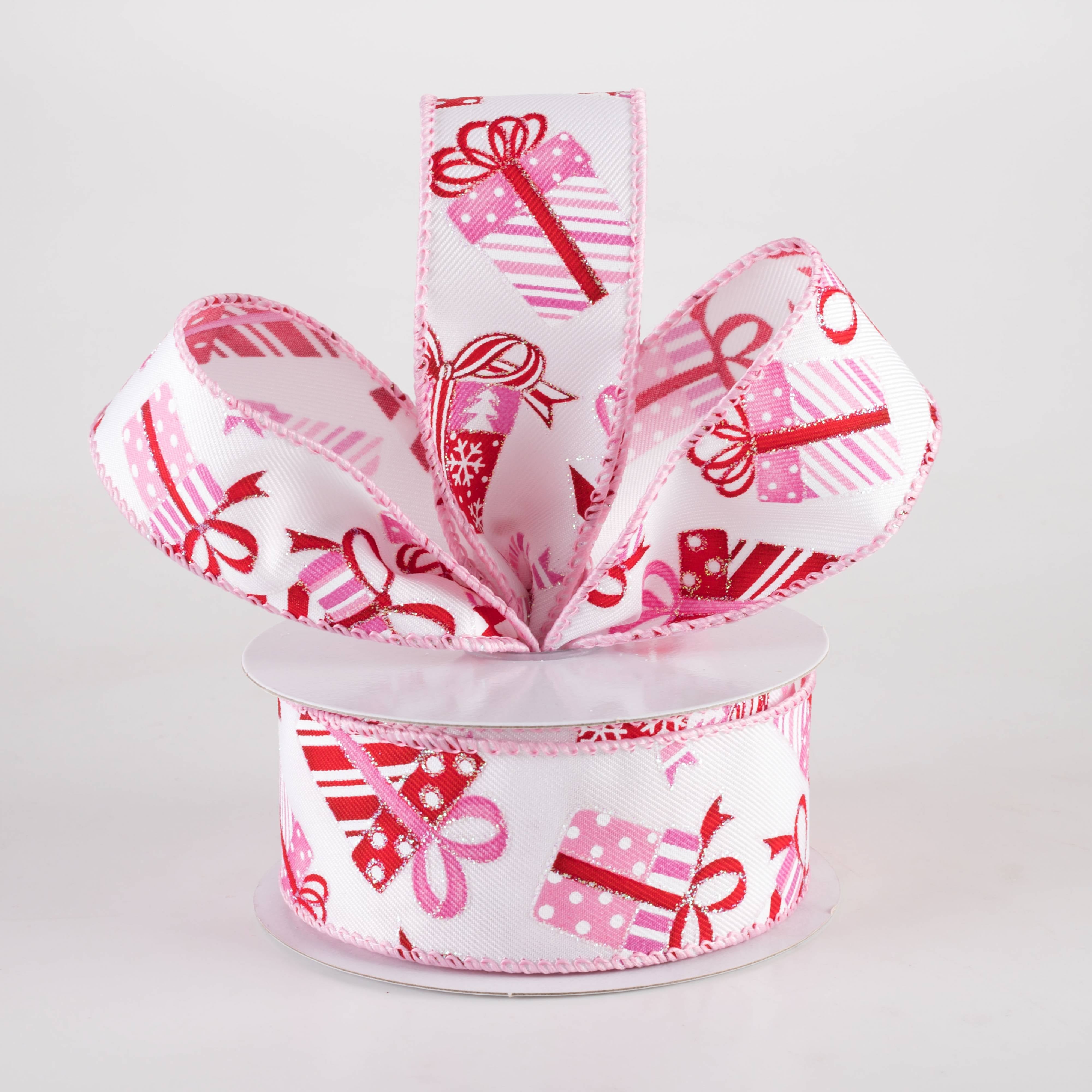 1.5" Linen Christmas Presents Ribbon: Pink on White (10 Yards)