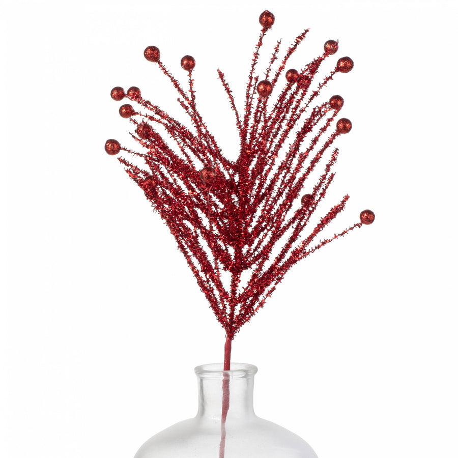 24" Tinsel Pine & Glitter Ball Ornament Spray: Red