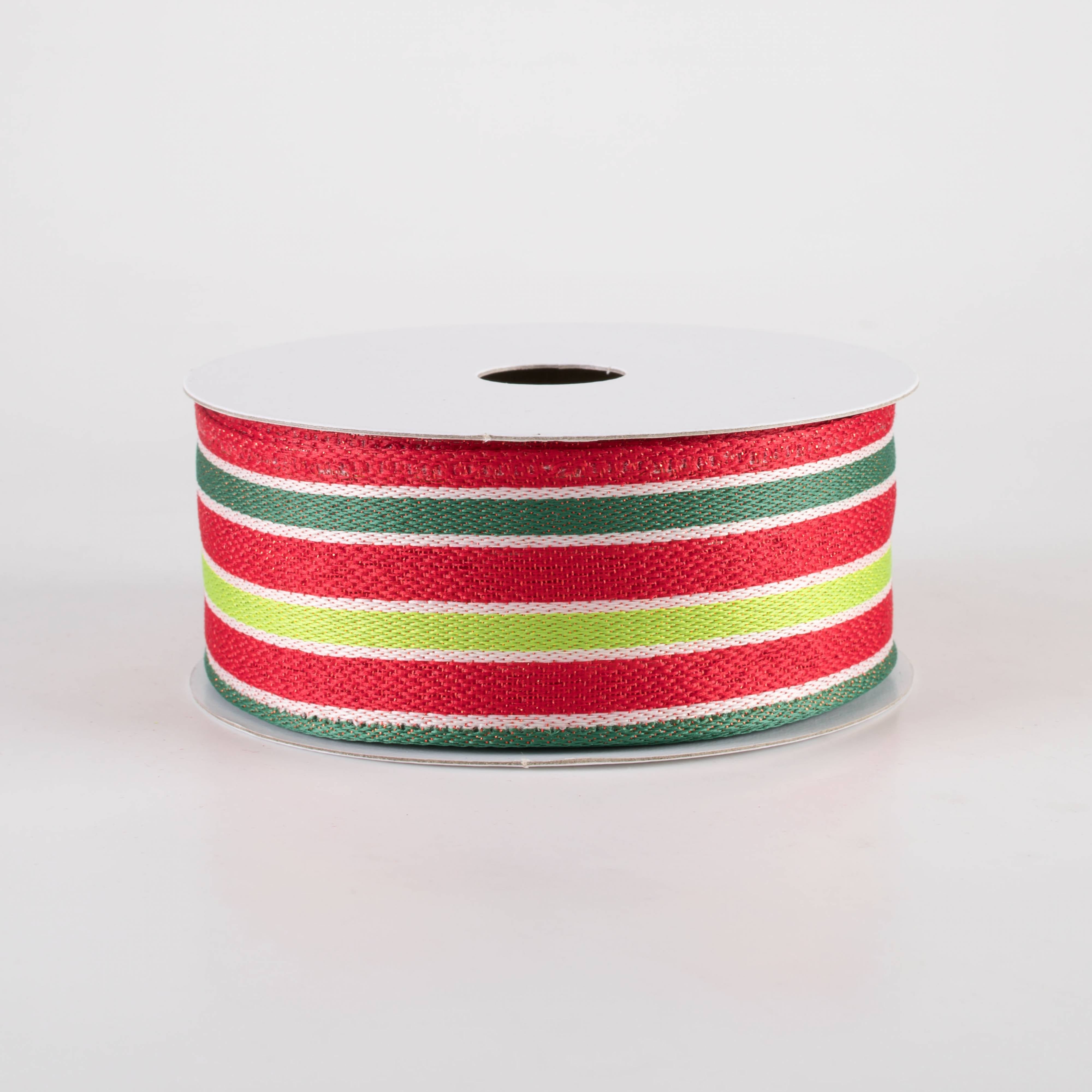 1.5" Metallic Woven Cabana Stripe Ribbon: Red, Green & White (10 Yards)