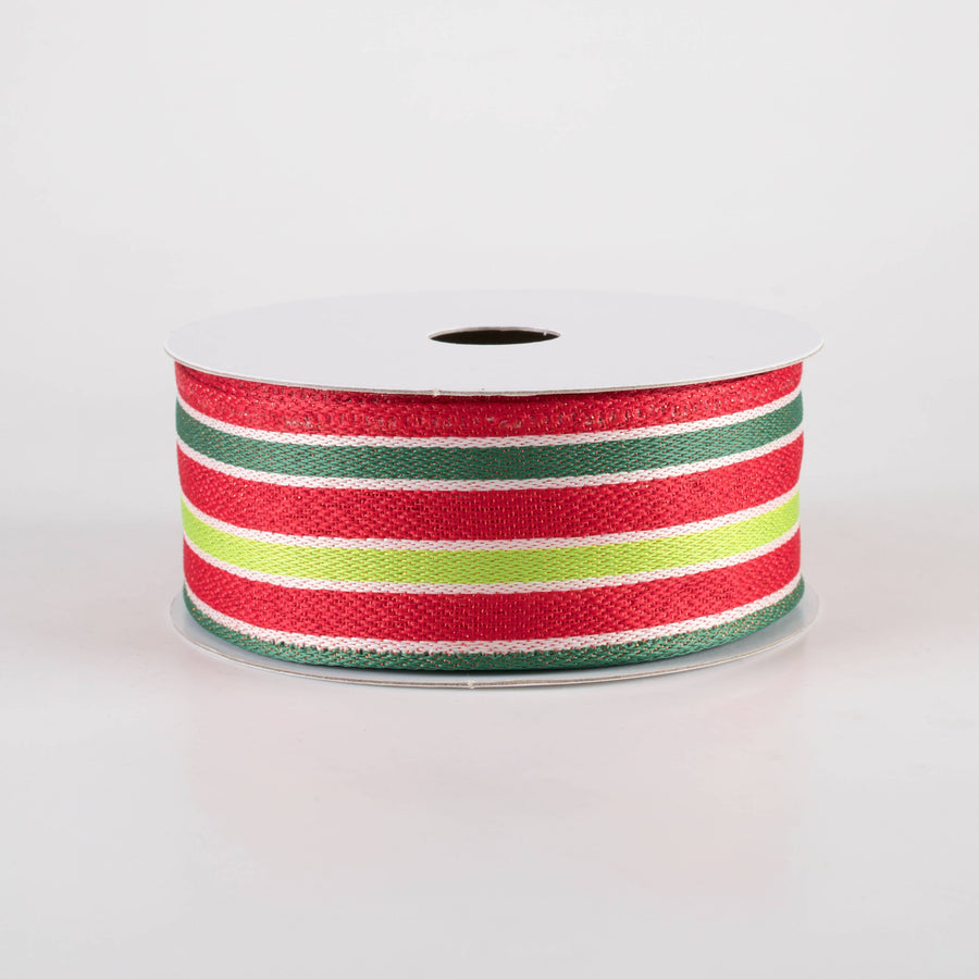 1.5" Metallic Woven Cabana Stripe Ribbon: Red, Green & White (10 Yards)