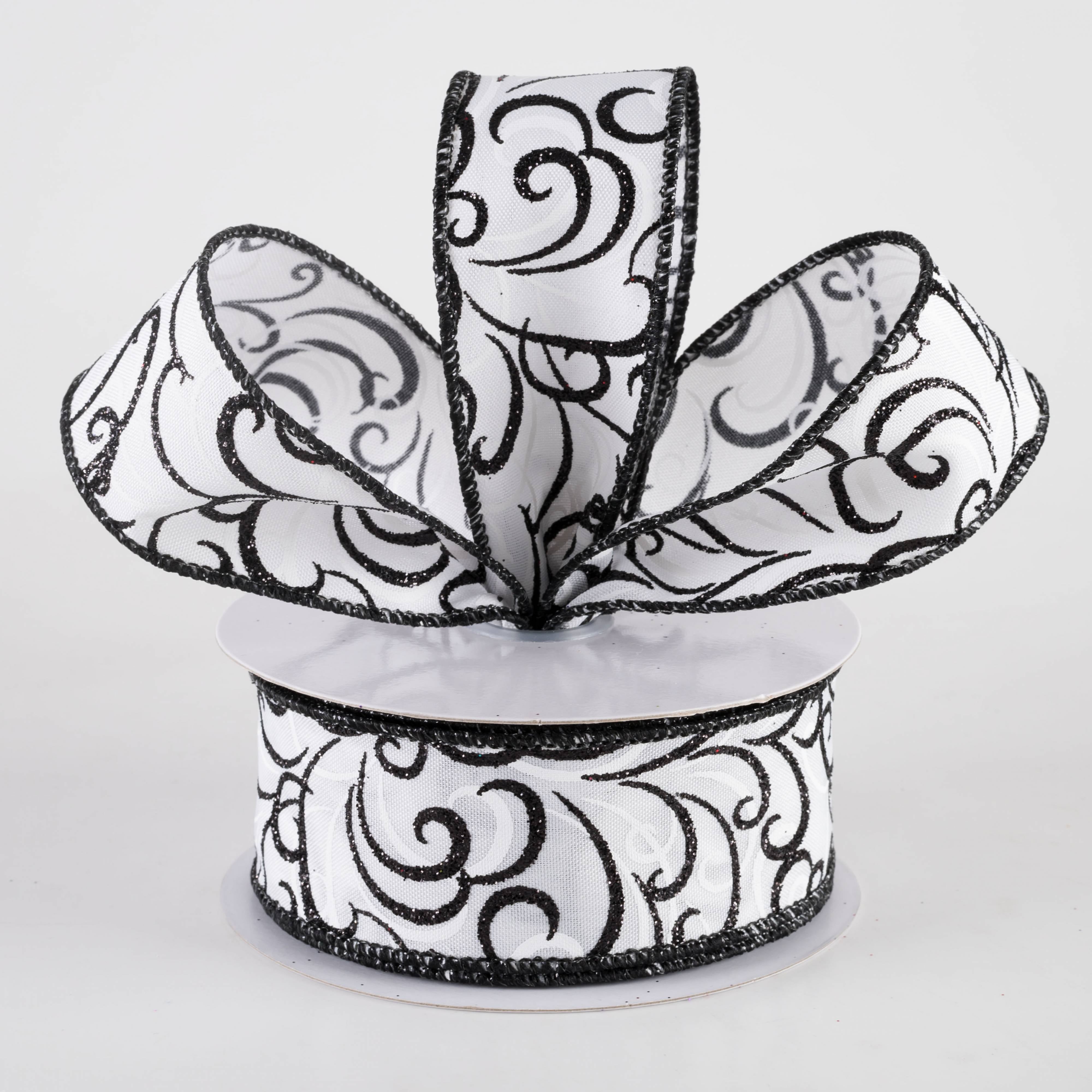 1.5" Glittered Multi Swirls Ribbon: Black on White (10 Yards)