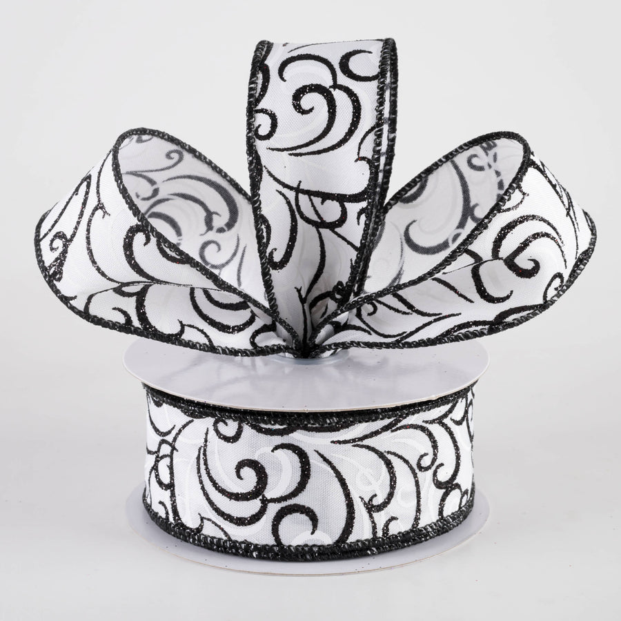 1.5" Glittered Multi Swirls Ribbon: Black on White (10 Yards)