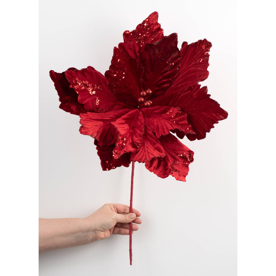 19" x 25" Jumbo Deluxe Velvet Poinsettia Stem: Cranberry Red