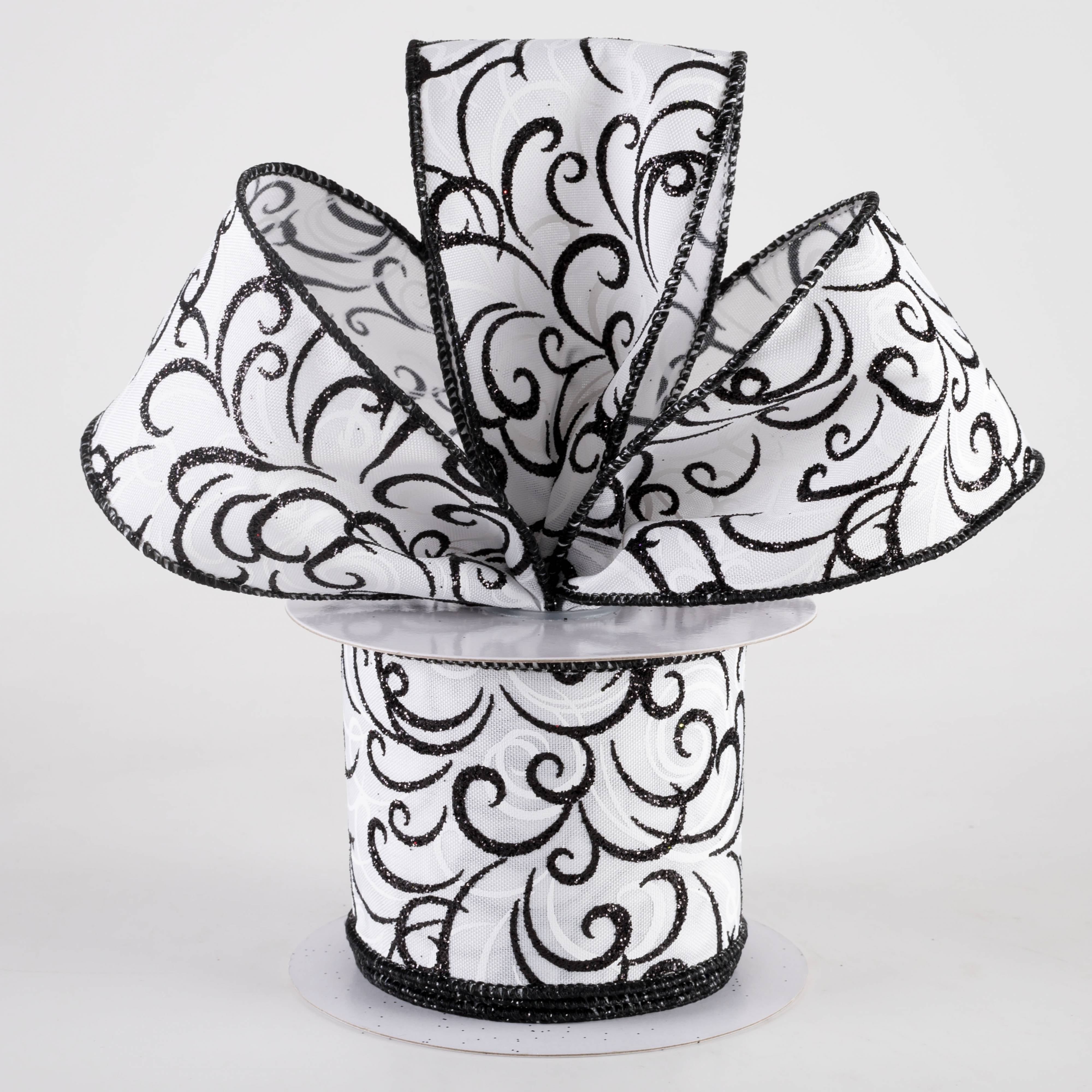 2.5" Glittered Multi Swirls Ribbon: Black on White (10 Yards)