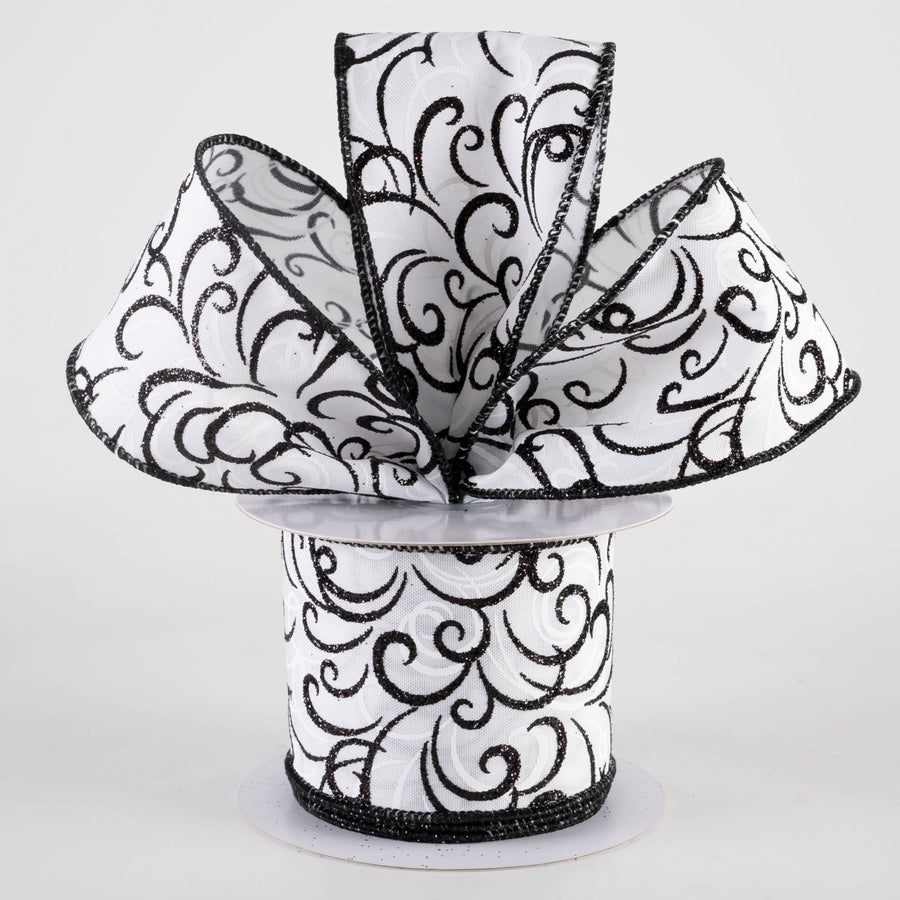 2.5" Glittered Multi Swirls Ribbon: Black on White (10 Yards)